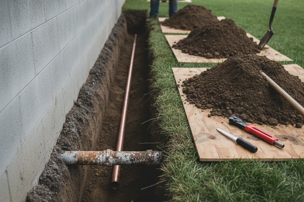 Excavated water line trench during Water Softener Installation in Rio Grande